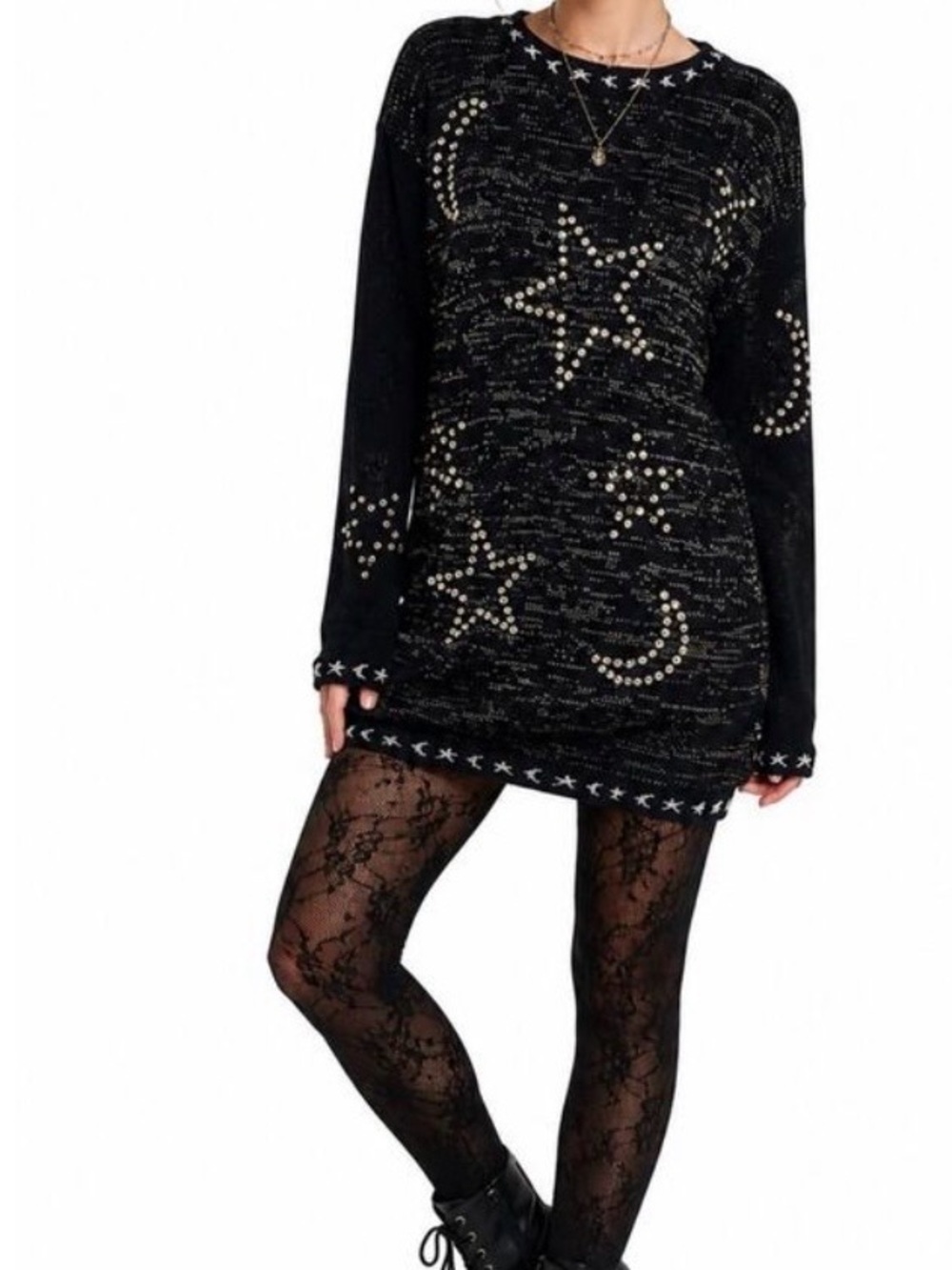 SK Wear Vintage Black Sparkling Rhinestone Star Crescent Moon Sweater L Knit